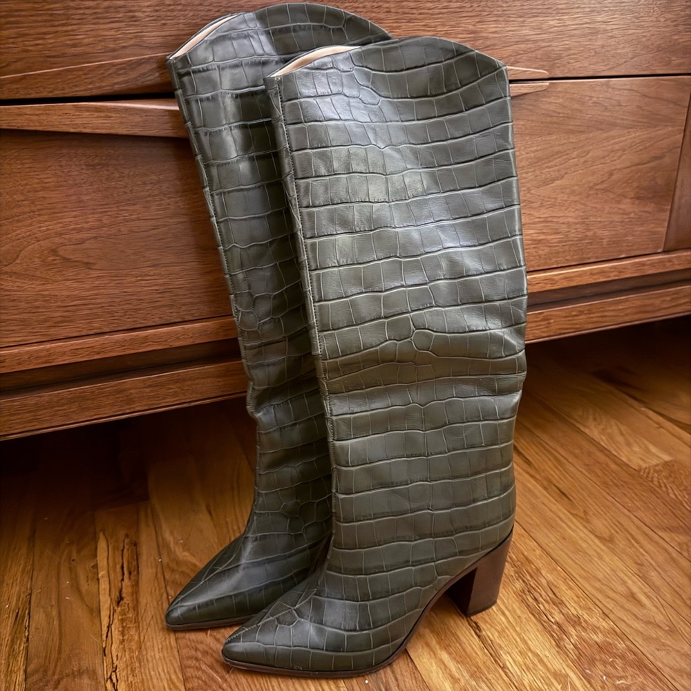 SCHUTZ Green Croc-Embossed Heeled Boots